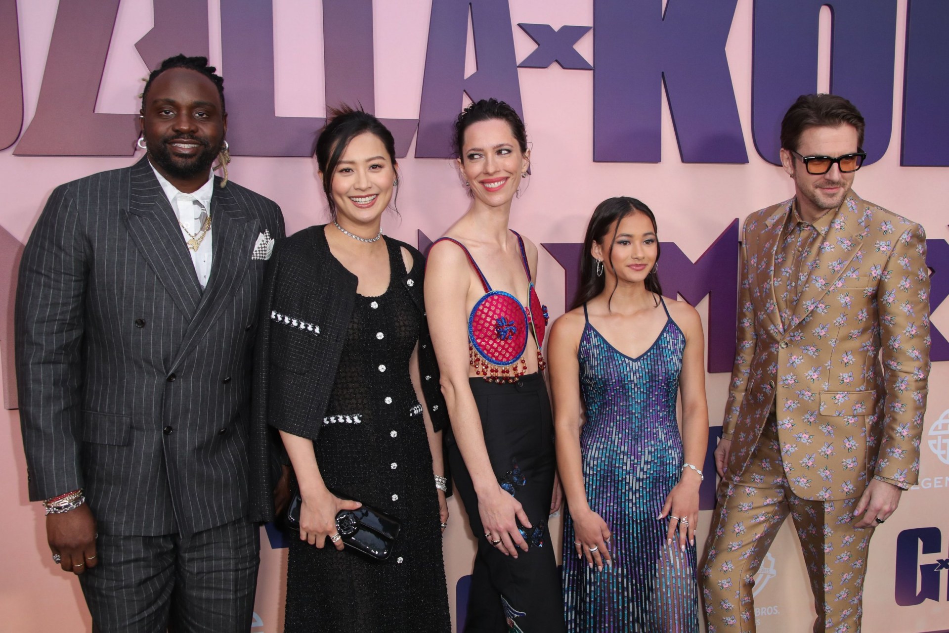 Brian Tyree Henry, Fala Chen, Rebecca Hall, Kaylee Hottle and Dan Stevens pose together at the Godzilla x Kong: The New Empire premiere in Los Angeles, California on 25 March 2024