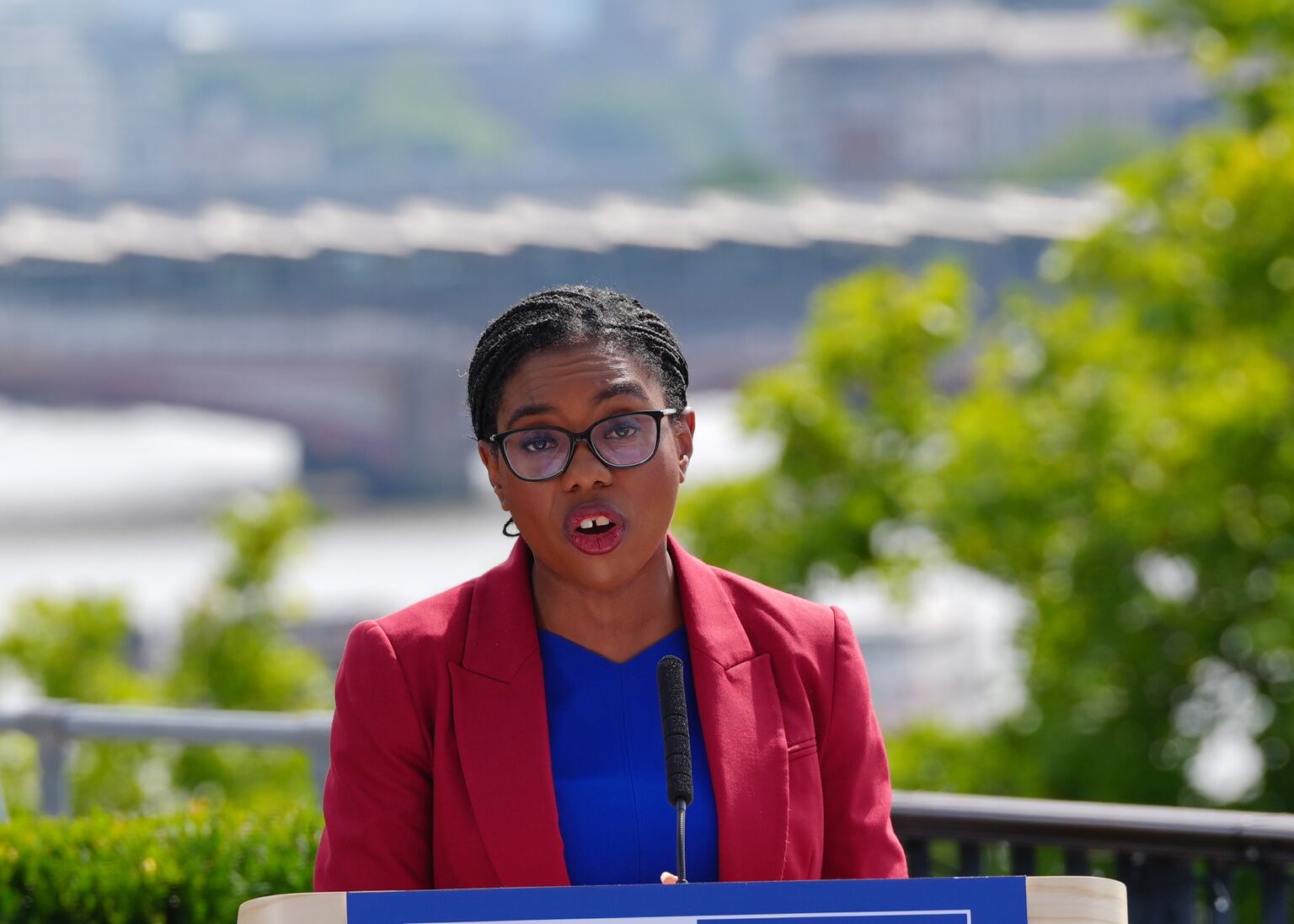Conservative leader Kemi Badenoch delivers a speech at the Institute of Engineering and Technology in central London