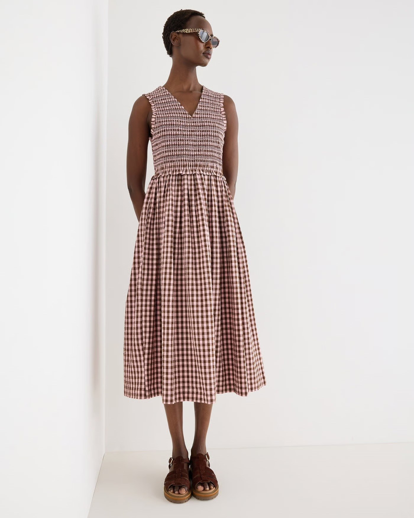 Oliver Bonas Pink & Brown Gingham Shirred Bodice V-Neck Cotton Midi Dress
