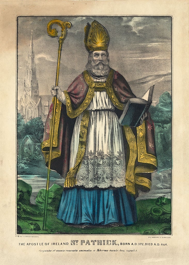 Illustration of St. Patrick holding a staff and book, with a church in the background. He wears ornate religious robes and a mitre