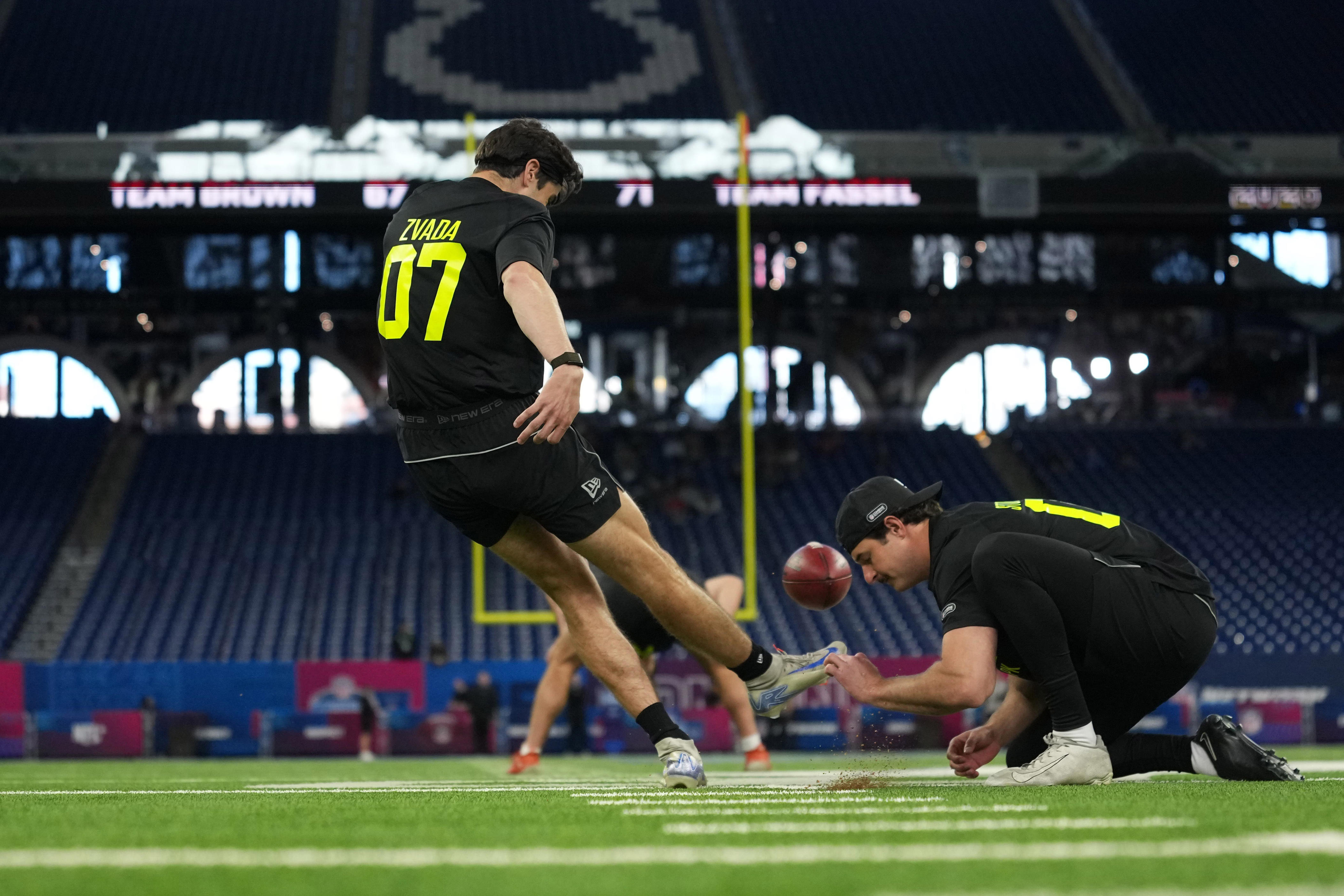 Feb. 25, 2026; Indianapolis: Michigan place kicker Dominic Zvada during the NFL Scouting Combine at Lucas Oil Stadium.