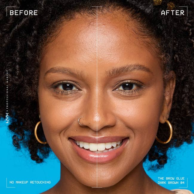 Before and after of a model using NYX Brow Glue, showing defined eyebrows with no makeup retouching