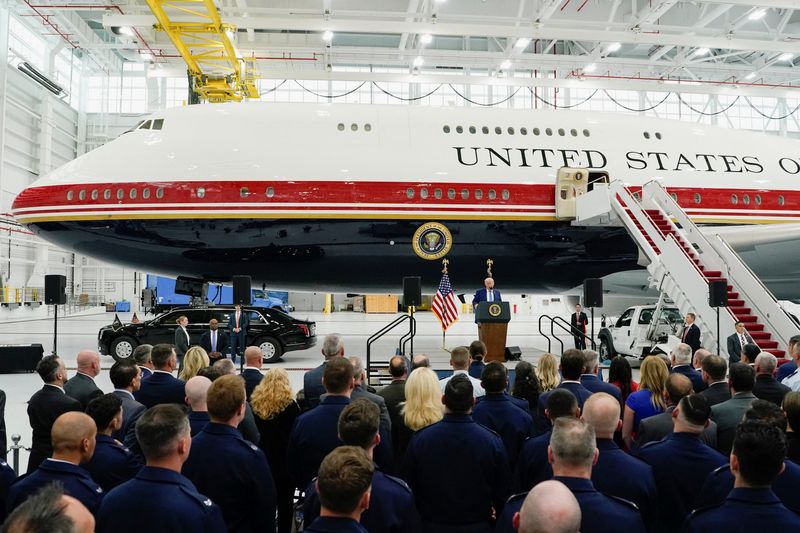 U.S. President Trump views the VC-25B aircraft gifted by Qatar and set to be used as Air Force One, at Joint Base Andrews