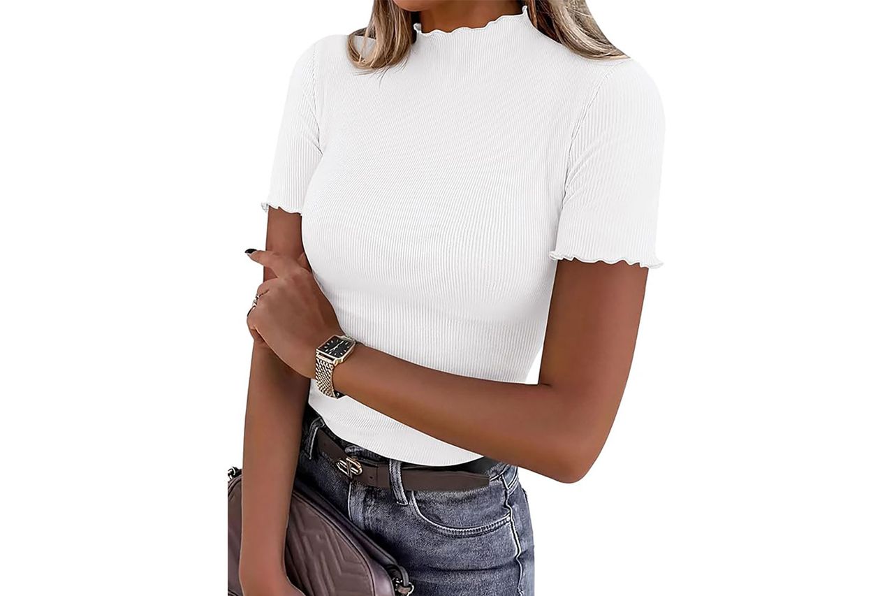 PRETTYGARDEN Women's Short Sleeve Ribbed Knit T Shirts