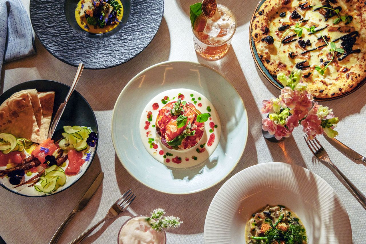 An assortment of plated gourmet dishes arranged on a table featuring appetizers main courses and garnishes