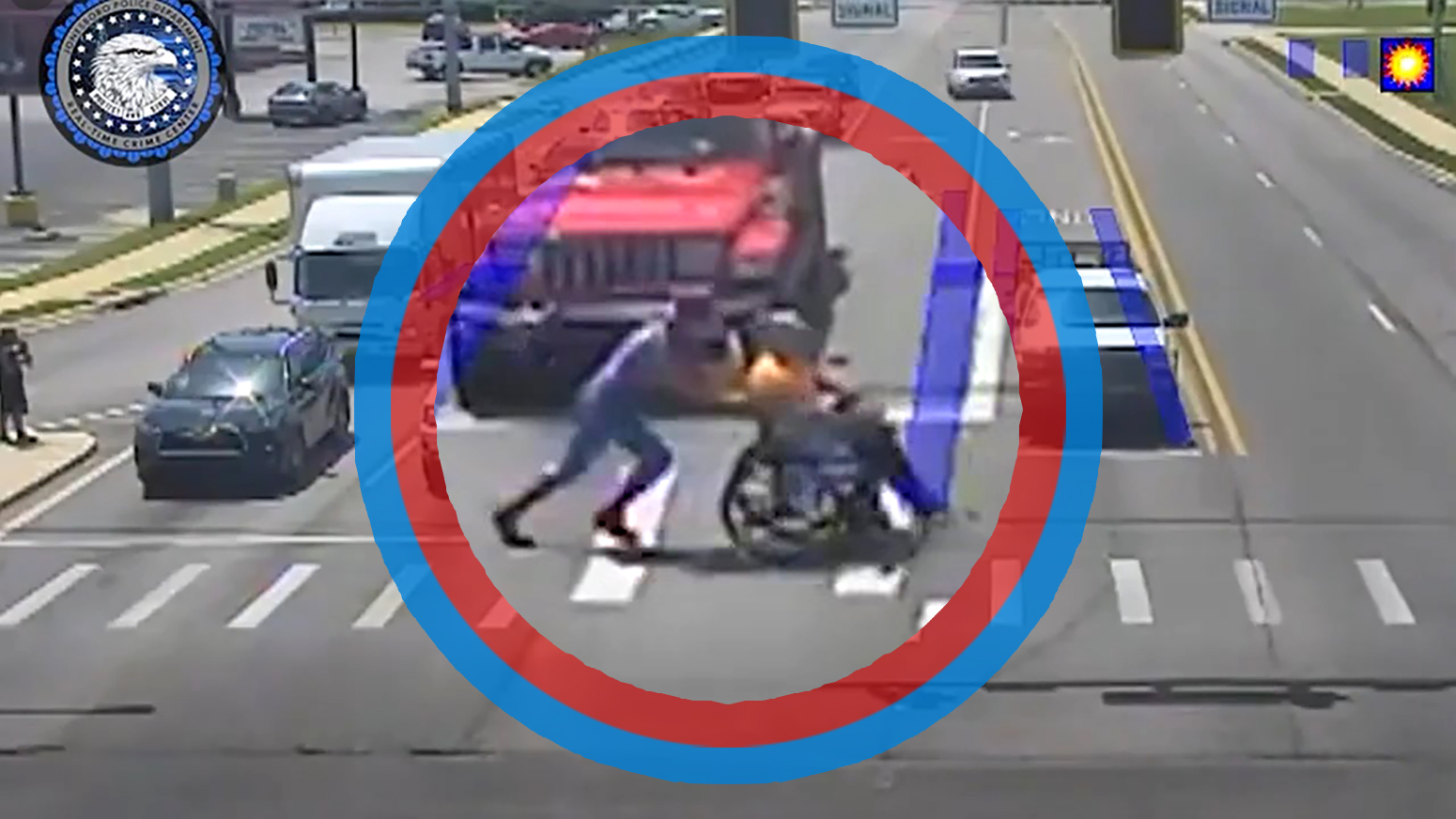 Spider-Man swoops out of a jeep to rescue a disabled man stranded in traffic