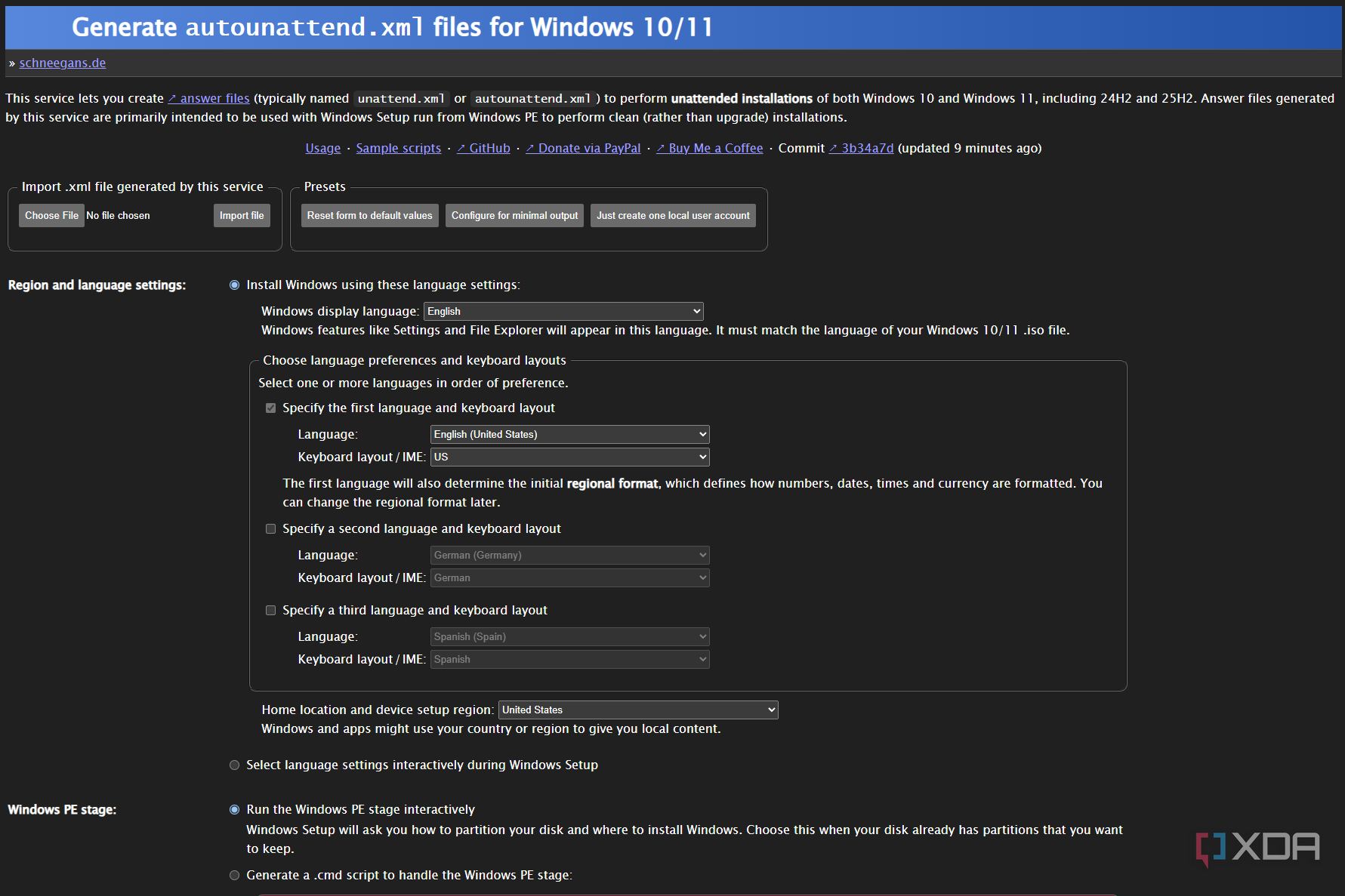 Screenshot of Schneegans.de unattend generator webpage