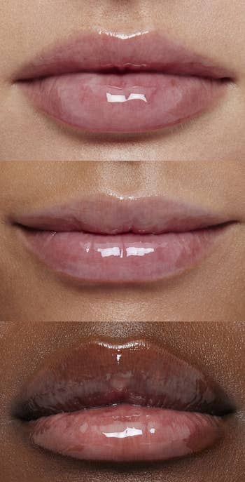 Close-ups of three different lips showcasing the lip oil