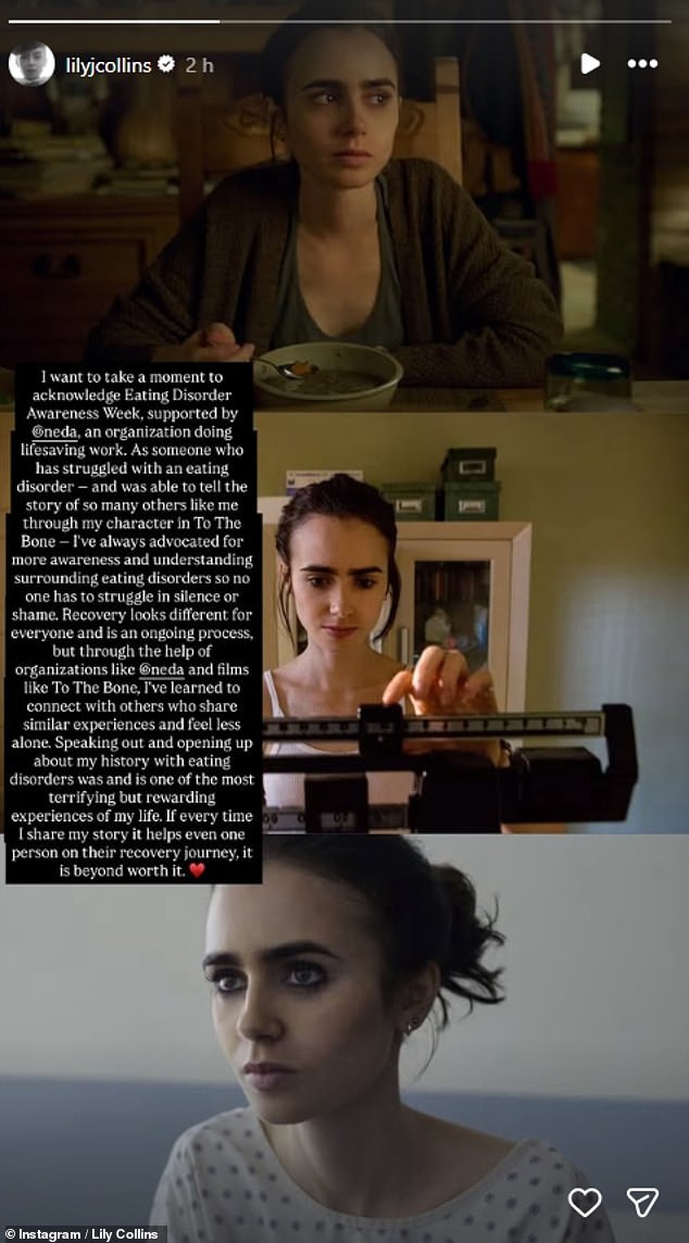 Actor Lily Collins played a woman struggling with anorexia in the Netflix film To The Bone, and in a post on Instagram, shared her own eating disorder recovery is still 'ongoing'