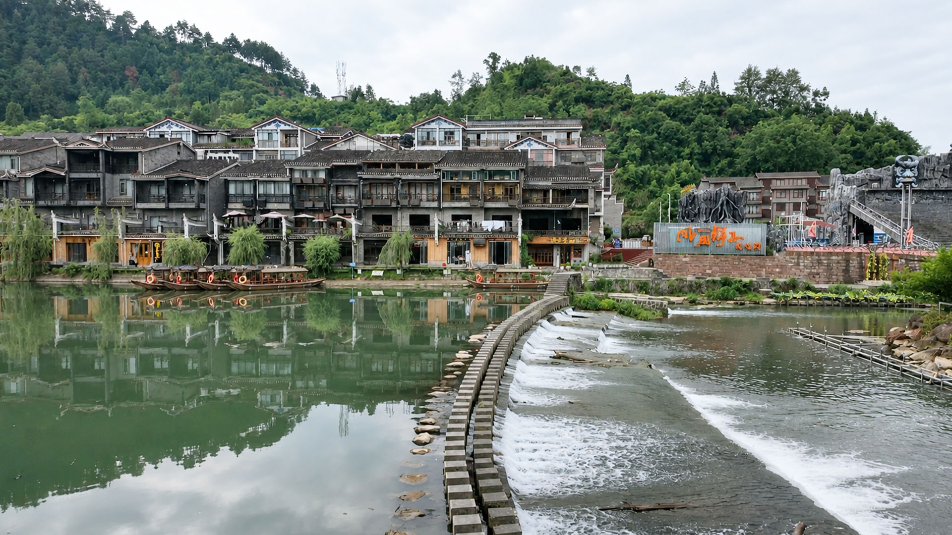China's historic water town features stone crossing and mountain ...