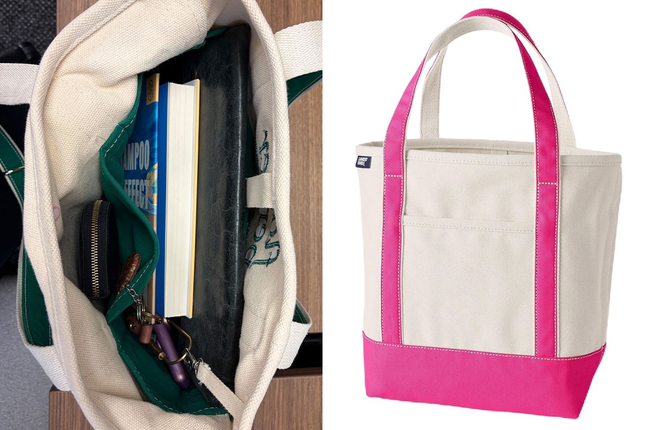 Canvas tote bag open to reveal its contents next to a pinkhandled version of the same bag on display