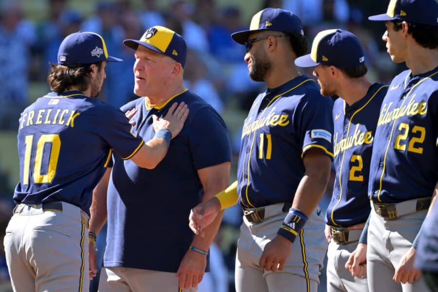 Oct 16, 2025; Los Angeles, California, USA; Milwaukee Brewers right fielder Sal Frelick (10), manager Pat Murphy (49), center fielder Jackson Chourio (11), second baseman Brice Turang (2) and designated hitter Christian Yelich (22) are introduced for game three of the NLCS during the 2025 MLB playoffs against the Los Angeles Dodgers at Dodger Stadium. Mandatory Credit: Jayne Kamin-Oncea-Imagn Images