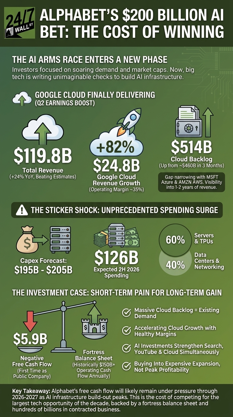 A detailed financial infographic showing Alphabet's AI investment metrics, including a $514B cloud backlog and icons representing server and data center spending.