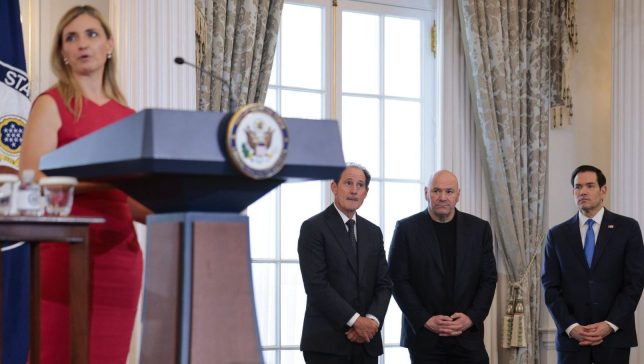 WASHINGTON, DC - JUNE 11: UFC Senior Executive Vice President and Chief Operating Officer (COO) Ike Lawrence Epstein, Ultimate Fighting Championship CEO Dana White and U.S. Secretary of State Marco Rubio look on as U.S. Under Secretary of State for Public Diplomacy and Public Affairs Sarah B. Rogers (L) speaks during a Memorandum of Understanding (MOU) signing ceremony at the U.S. State Department on June 11, 2026 in Washington, DC. Rubio and White held the signing to mark a new partnership promoting sports diplomacy initiatives and the growth of mixed martial arts as the White House prepares to host a series of Ultimate Fighting Championship matches on June 14. (Photo by Chip Somodevilla/Getty Images)