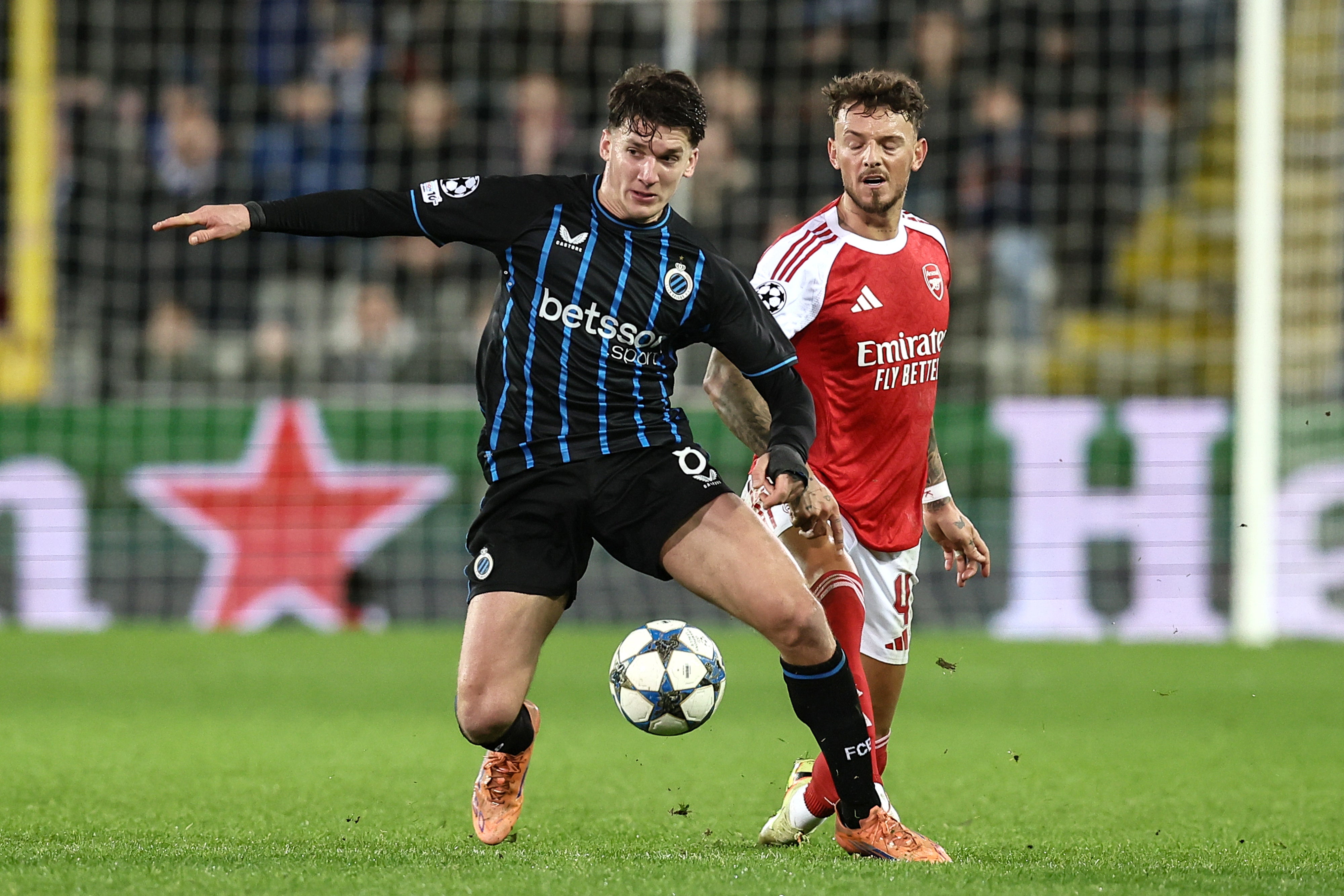 Christos Tzolis in action against Arsenal last season (PA)