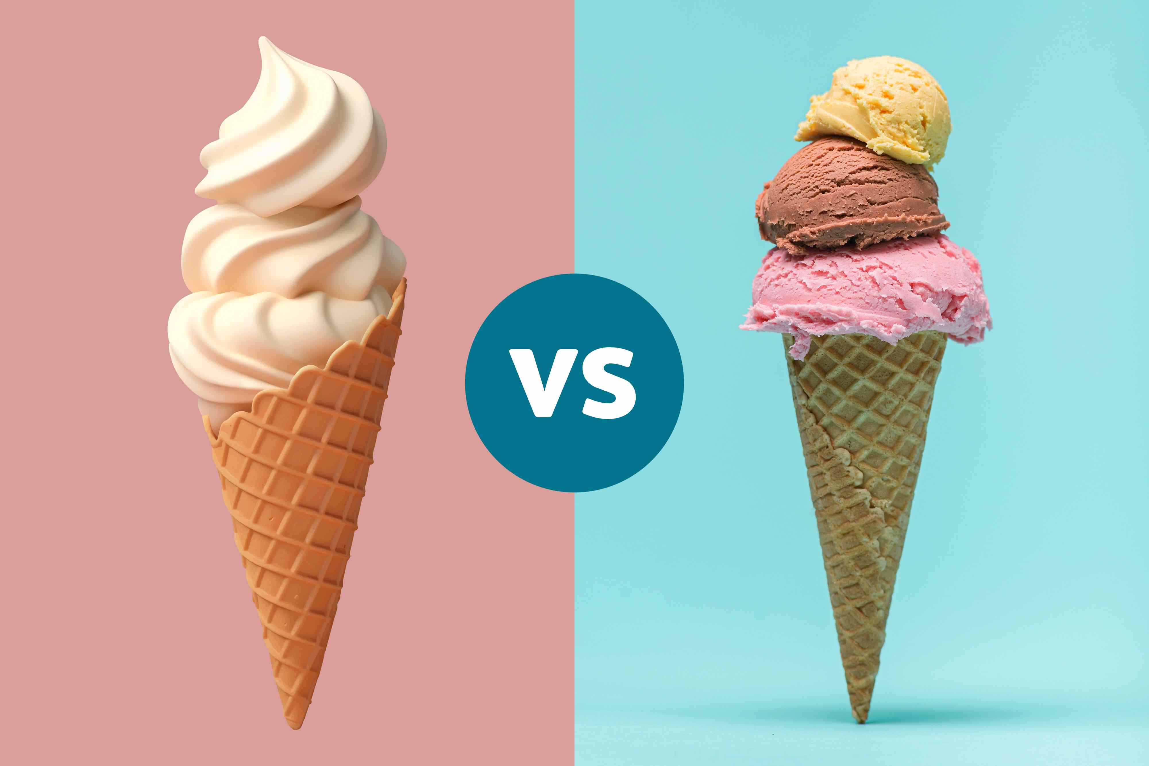 Comparison of a soft serve frozen yogurt cone and a traditional ice cream cone with a VS icon in between