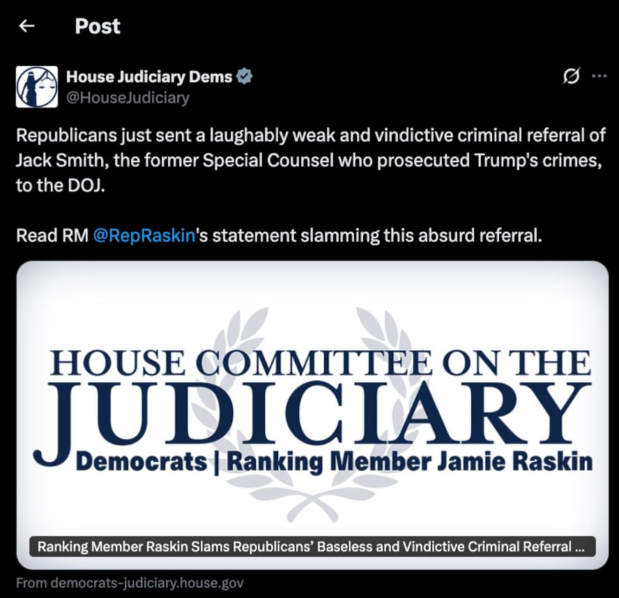 Dems on the House Judiciary committee have ridiculed the request. / X/House Judiciary Dems