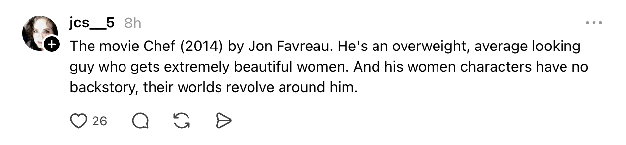 Comment critiques the movie "Chef" (2014) by Jon Favreau, focusing on portrayal of women characters as lacking depth and revolving around the male lead