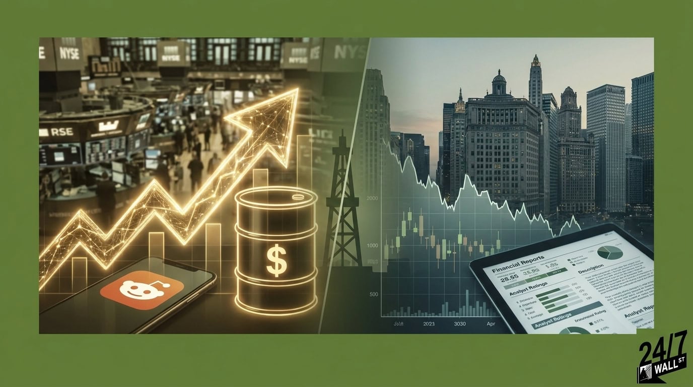 A split image contrasting a glowing gold upward stock arrow and Reddit logo on the left with a New York City skyline and financial data charts on a tablet to the right.