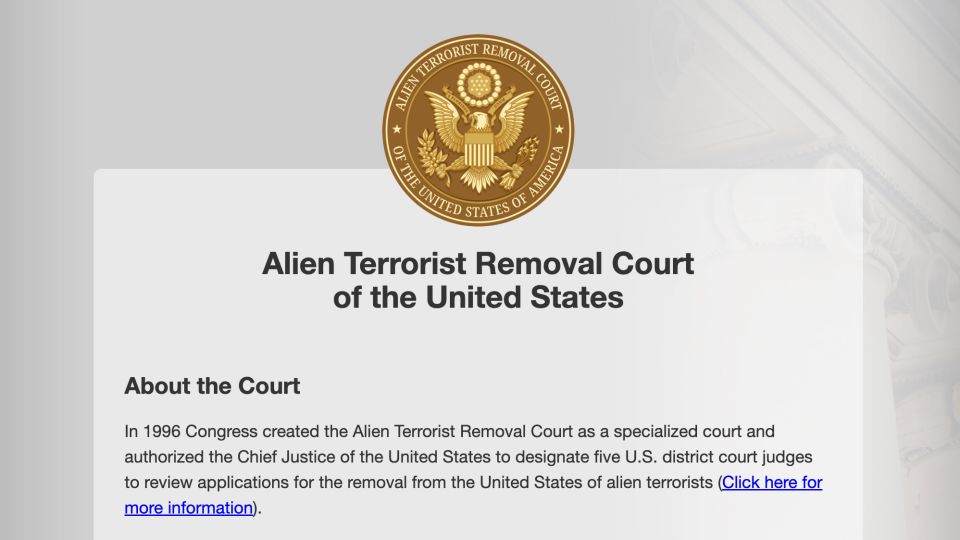 The website for the Alien Terrorist Removal Court of the United States, on Wednesday, July 22, 2026. - uscourts.gov
