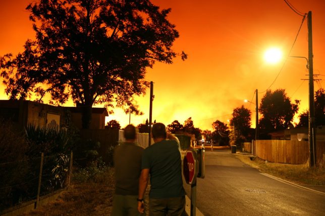 TOPSHOT - Residents look at the sky illuminated by wildfires in Le Porge, south-western France early on July 23, 2026. A fast-moving wildfire has burned 900 hectares north of Arcachon Bay in southwestern France, forcing the evacuation of more than 4,000 residents and tourists. The blaze, described by firefighters as exceptionally intense, spread sixfold in less than three hours through dense pine forests and is now advancing toward Ares and Lege-Cap-Ferret. The area was previously devastated by major wildfires in 2022. (Photo by ROMAIN PERROCHEAU / AFP via Getty Images)