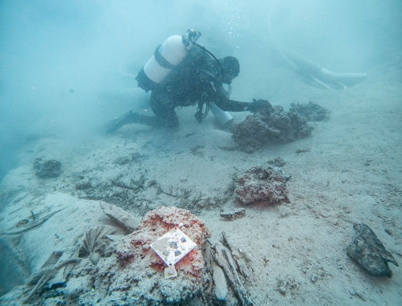 An underwater archaeologist works at a Byzantine shipwreck near Polace on the island of Mljet