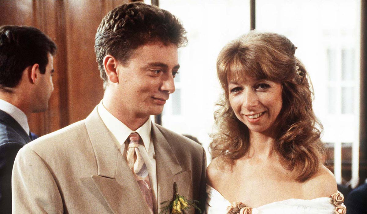 Coronation Street; the wedding, in 1991, of Martin Platt (played by Sean Wilson) and Gail Tilsley (played by Helen Worth) in the ITV soap opera. Pic: ITV