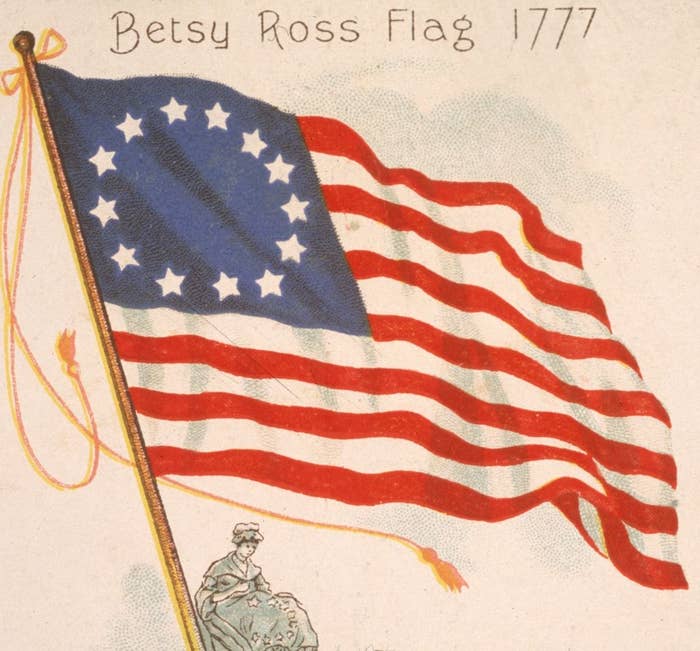 Betsy Ross flag illustration with 13 stars in a circle and 13 stripes