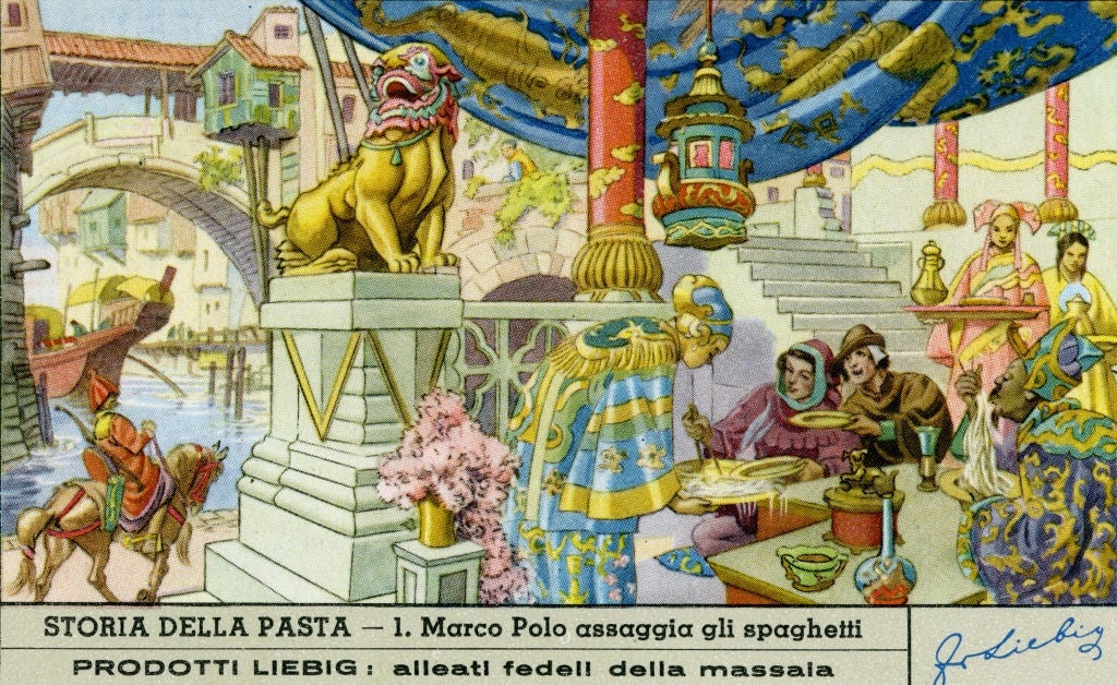 Vintage illustration of Marco Polo tasting spaghetti at an ornate table, surrounded by vibrant architecture and decor