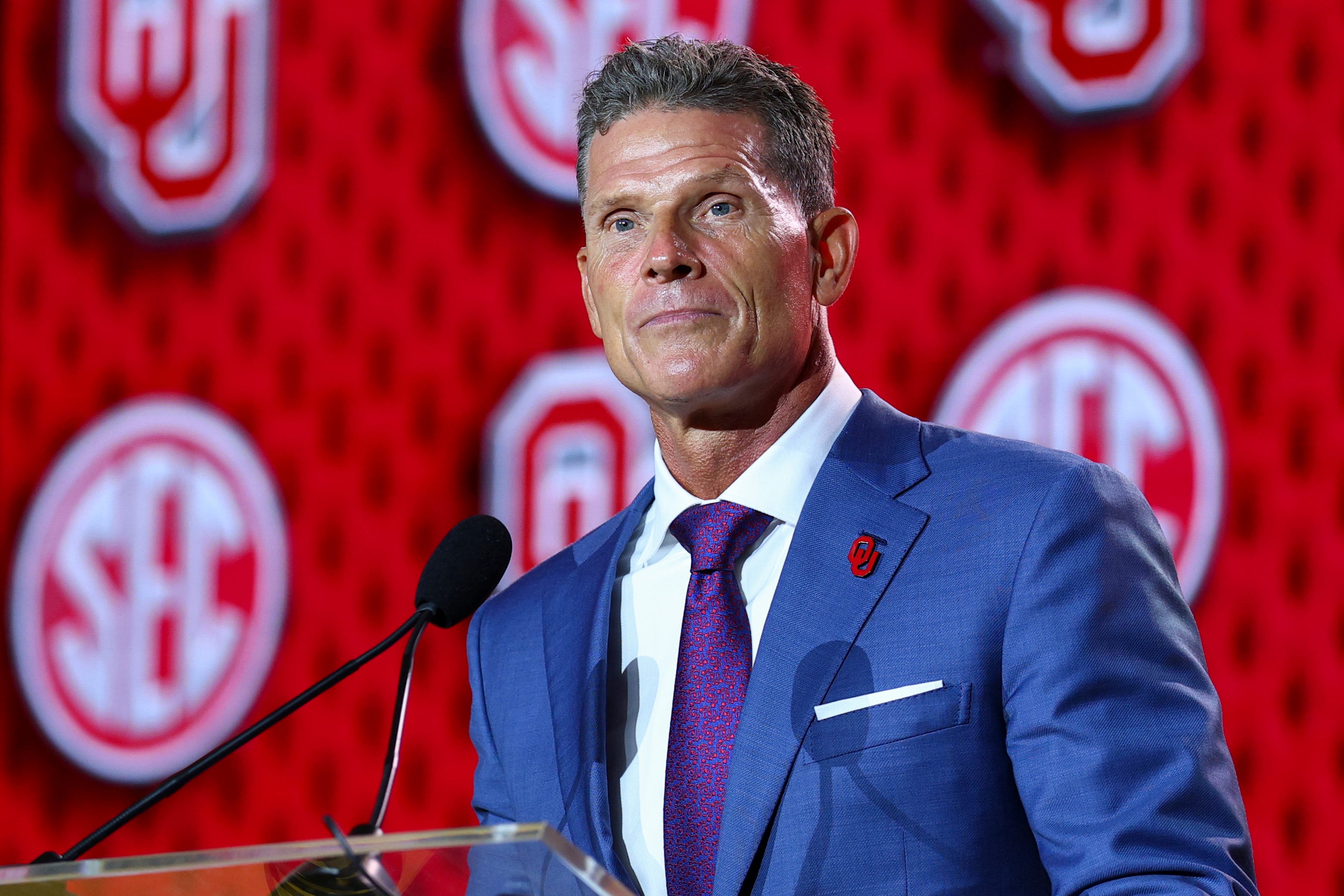 Oklahoma Sooners head coach Brent Venables speaks to the press during SEC Football Kickoff Media Day