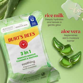 Packaging of Burt's Bees 3-in-1 facial towelettes with rice milk and aloe vera, featuring soothing benefits for sensitive skin