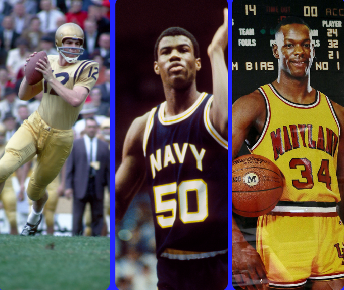 Left to right: Roger Staubach (Navy), David Robinson (Navy) and Len Bias (Maryland)