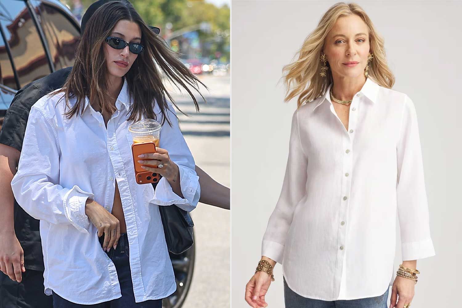 Hailey Bieber and I are embracing no-fuss white button-downs — my go-to for summer never wrinkles and is 60% off