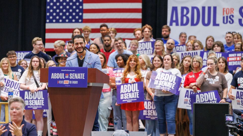 US Senate candidate Abdul El-Sayed speaks at a rally with Sen. Bernie Sanders, US Rep. Alexandria Ocasio-Cortez and US House candidate William Lawrence in Lansing, Michigan, on July 19, 2026. - Andrew Roth/Sipa USA/AP