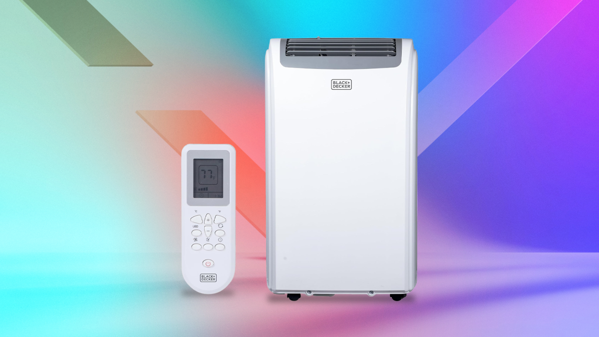 A Black & Decker air-conditioning unit and its remote are featured against a multicolored background.