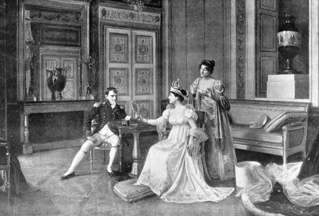 Vintage illustration of three elegantly dressed figures in an ornate room, with one seated man in formal attire talking to two women in regal gowns
