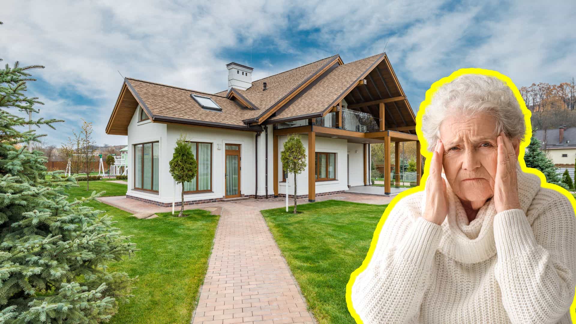 A composite image features an elderly woman with white hair, wearing a white knitted sweater and holding her temples in distress, superimposed over a modern white house with a brown roof and a green lawn under a cloudy sky.