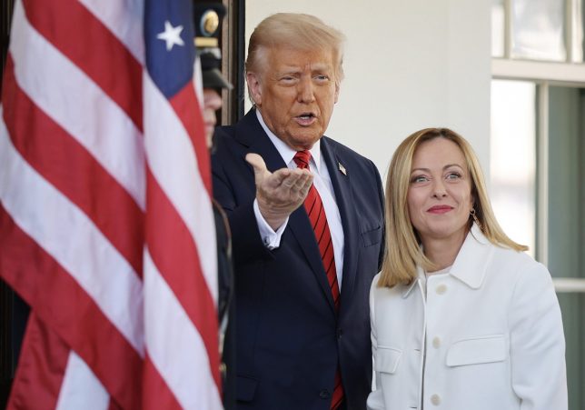 *** BESTPIX *** WASHINGTON, DC - APRIL 17: U.S. President Donald Trump greets Italian Prime Minister Giorgia Meloni outside the West Wing of the White House on April 17, 2025 in Washington, DC. Leader of the far-right Brothers of Italy party, Meloni is in Washington to discuss a range of bilateral issues, negotiate the 20 percent ???reciprocal??? tariff Trump imposed on European imports to the U.S. and to discuss pharmaceutical imports. (Photo by Win McNamee/Getty Images)