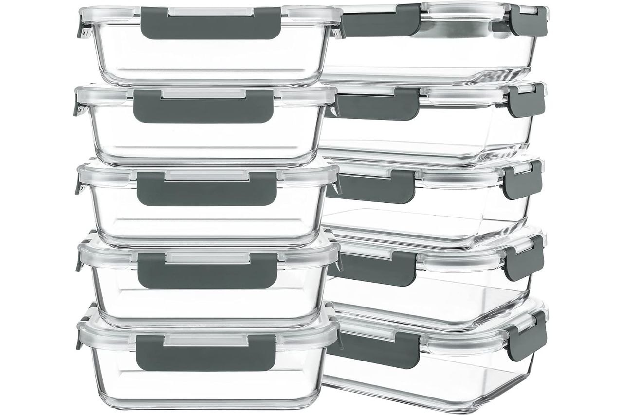 Stacked glass meal prep containers with lids