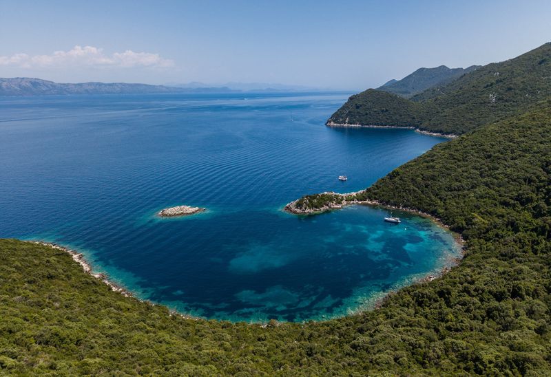 A drone view shows the location where a Byzantine shipwreck was found near Polace on the island of Mljet