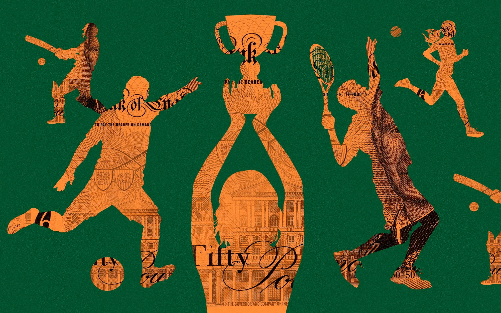 Sillhouettes of figures performing sports filled with fifty pound notes