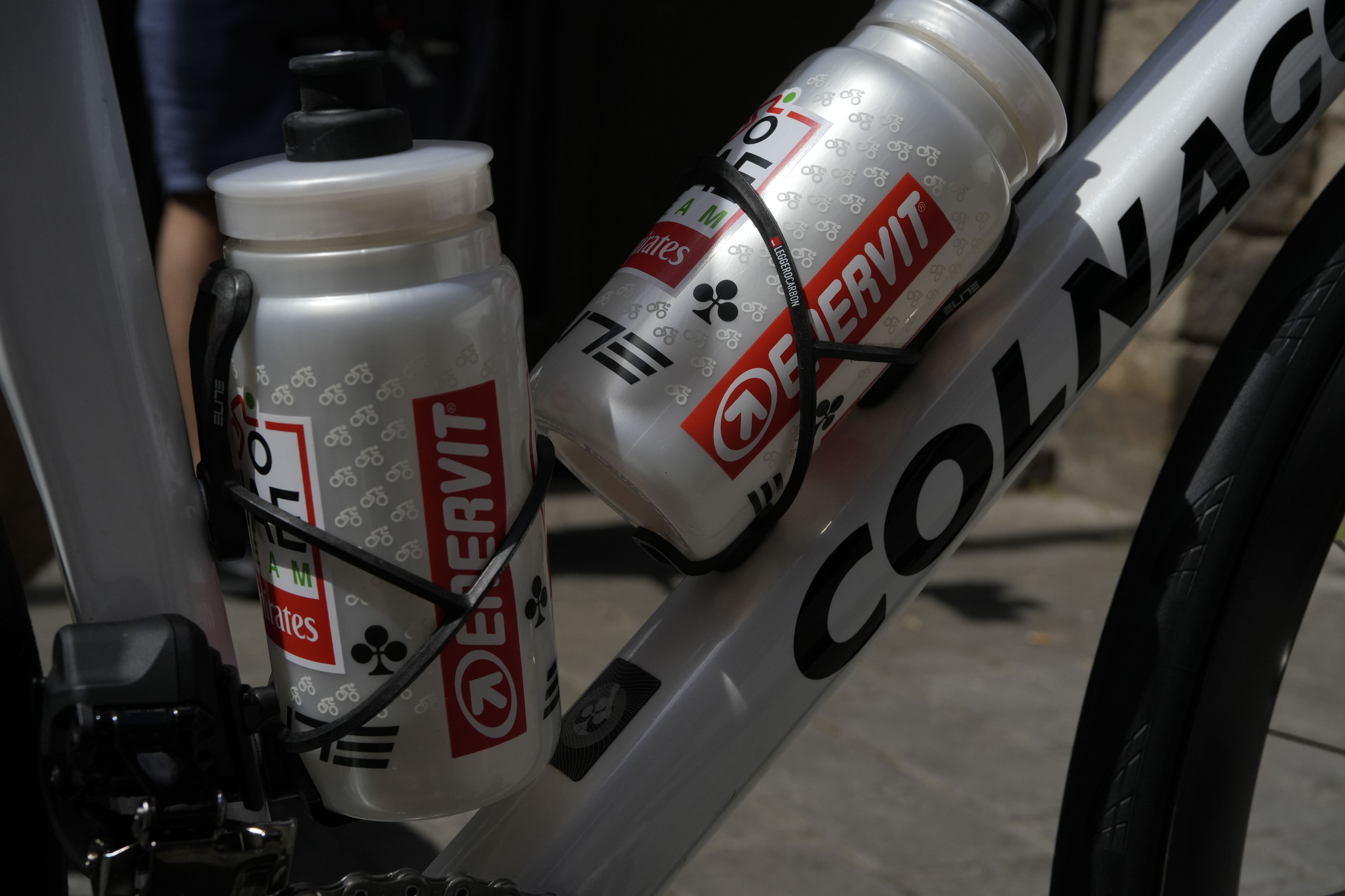 Enervit bottles in Elite cages shown on a Colnago V5RS frame at the Tour de France