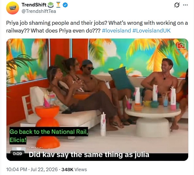 Love Island's Priya is branded 'vile' for 'job-shaming' Elicia over National Rail career