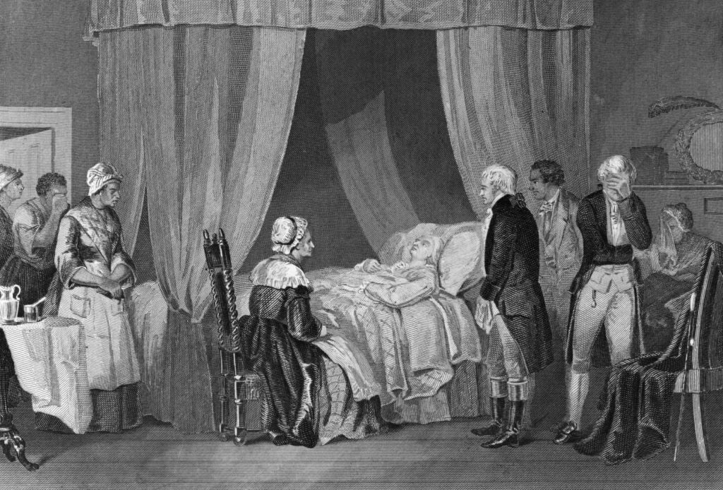 A historic scene shows a group of people gathered around a bed, attending to a person who appears ill. The setting is an elegantly furnished room