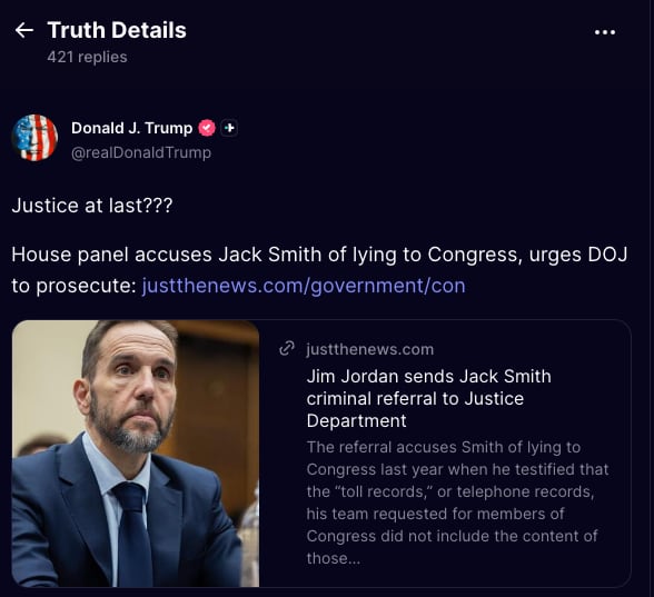 Trump is revelling in Jordan's letter. / Truth Social/Donald Trump