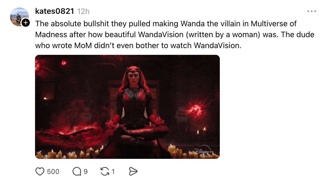 A screenshot of a tweet criticizing character portrayal in "Doctor Strange in the Multiverse of Madness" compared to "WandaVision."