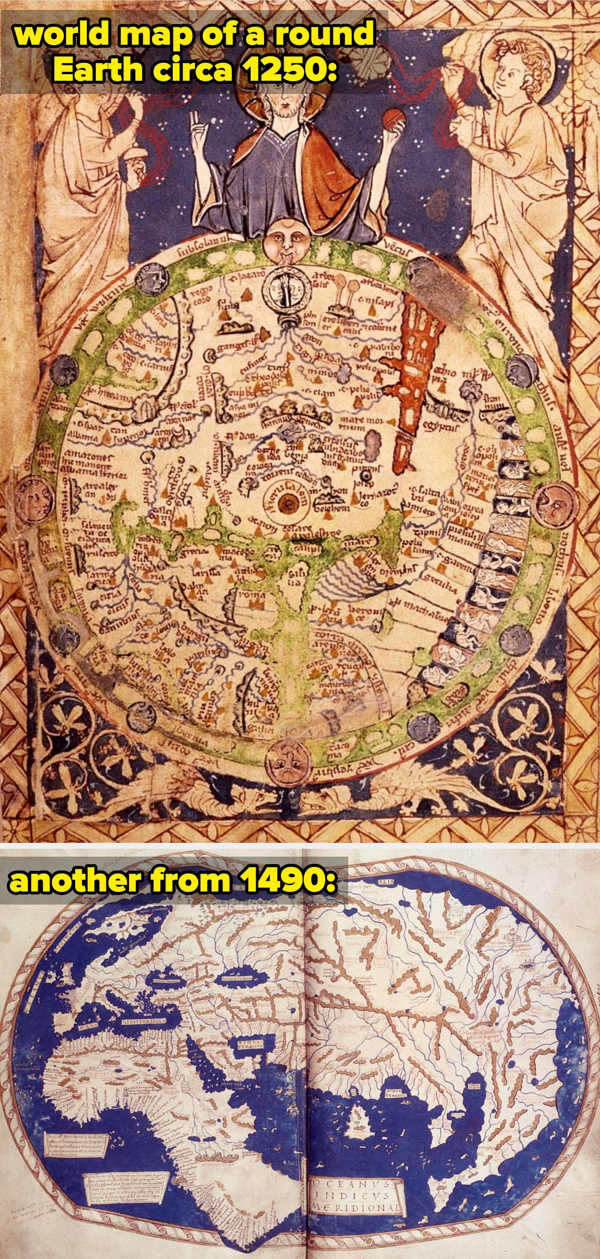 Medieval Mappa Mundi depicting a world map with mythological and religious illustrations, featuring various locations labeled in Latin