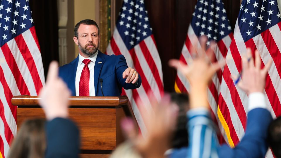 Secretary of Homeland Security Markwayne Mullin speaks during a news conference in the Eisenhower Executive Office Building on July 17. - Anna Moneymaker/Getty Images