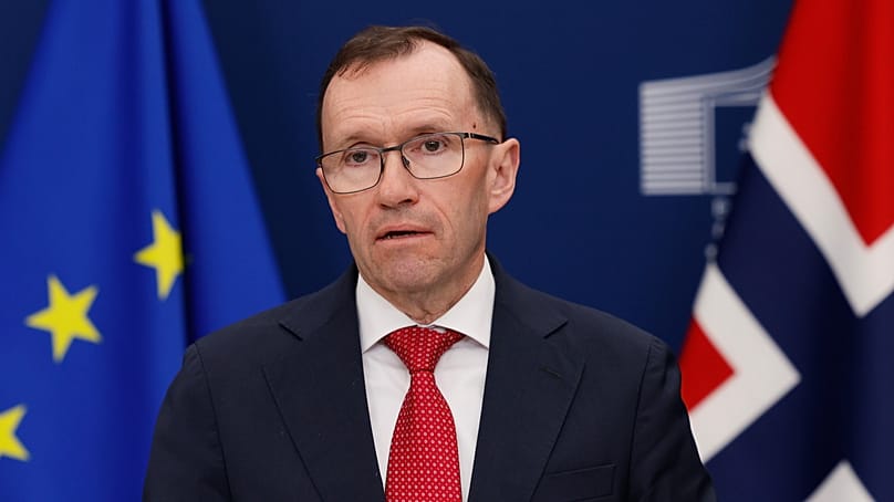 Norway's Foreign Minister Espen Barth Eide addresses a media conference at EU headquarters in Brussels, Monday, April 20, 2026. (AP Photo/Geert Vanden Wijngaert)