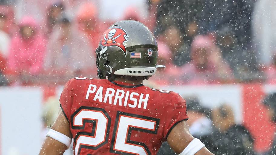 Tampa Bay Buccaneers linebacker Chris Braswell (43) high-fives cornerback Jacob Parrish (25) after sacking New Orleans Saints